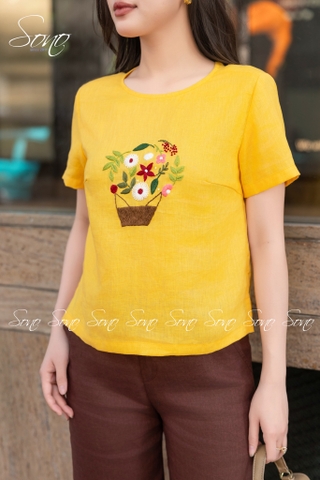 SONO - Áo linen thêu giỏ hoa