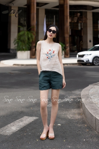 SONO - Áo linen sát nách thêu hoa tua rua