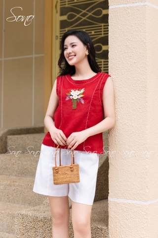 SONO - Áo linen sát nách đột chỉ thêu bó hoa