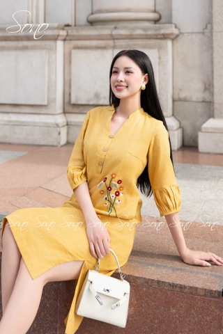 SONO - Đầm linen tay lồng đèn nhánh hoa