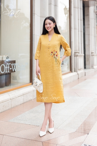 SONO - Đầm linen tay lồng đèn nhánh hoa