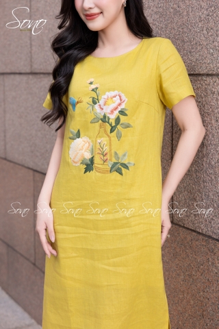 SONO - Đầm linen có tay thêu bình hoa mẫu đơn