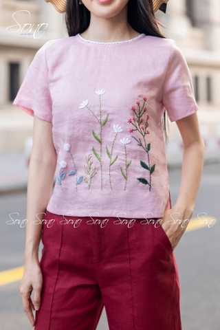 SONO - Áo linen viền ren cổ thêu cây cỏ