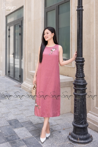 SONO - Đầm linen nút bên viền trắng thêu