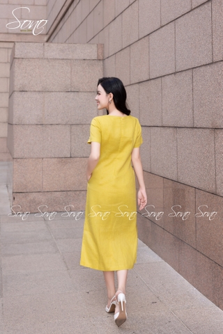 SONO - Đầm linen có tay thêu bình hoa mẫu đơn