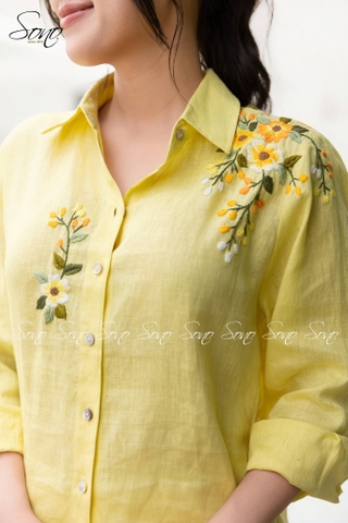 SONO - Áo sơ mi dài tay linen thêu hoa vai