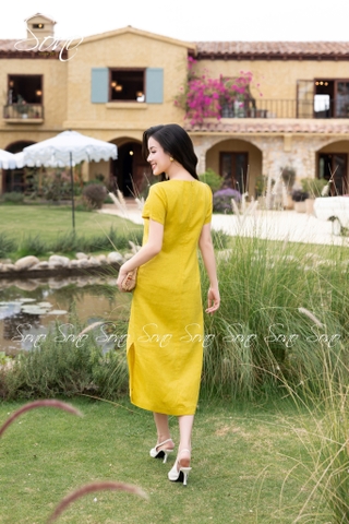 SONO - Đầm linen có tay thêu 5 nhánh hoa đặc