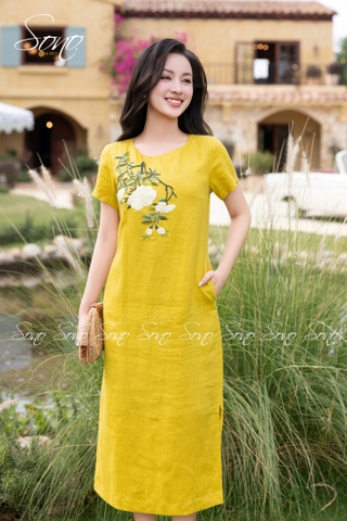 SONO - Đầm linen có tay thêu 5 nhánh hoa đặc