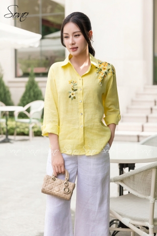 SONO - Áo sơ mi dài tay linen thêu hoa vai