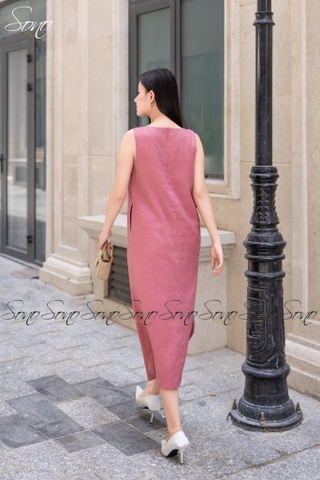SONO - Đầm linen nút bên viền trắng thêu