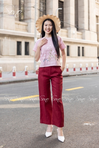 SONO - Áo linen viền ren cổ thêu cây cỏ