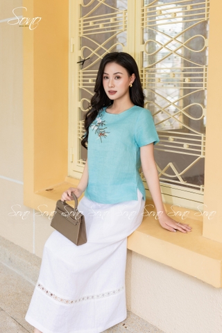 SONO - Áo linen cổ tròn thêu chùm hoa ngâu