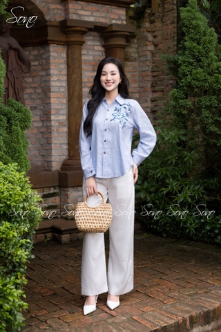 SONO - Áo sơ mi linen thêu hoa bên ngực