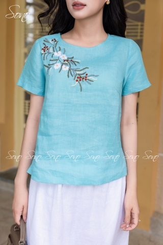 SONO - Áo linen cổ tròn thêu chùm hoa ngâu