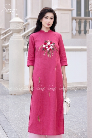 SONO - Áo dài hồng thêu quấn bông