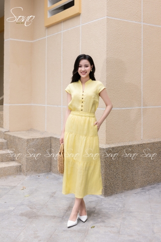 SONO - Áo linen cổ tàu đính nút gỗ