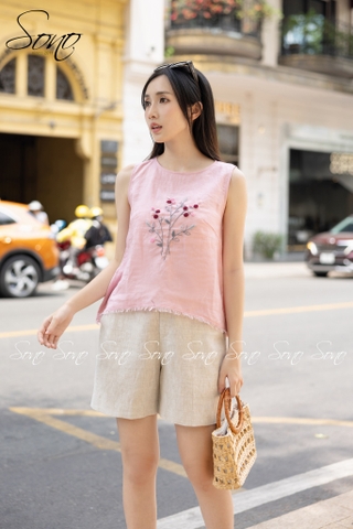 SONO - Áo linen sát nách thêu hoa tua rua