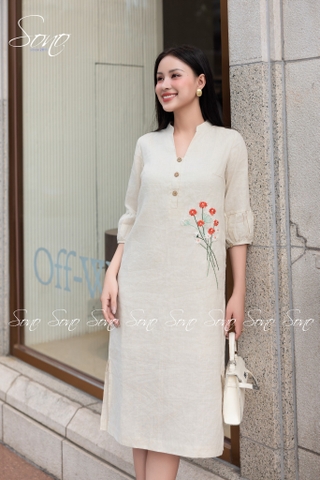 SONO - Đầm linen tay lồng đèn nhánh hoa