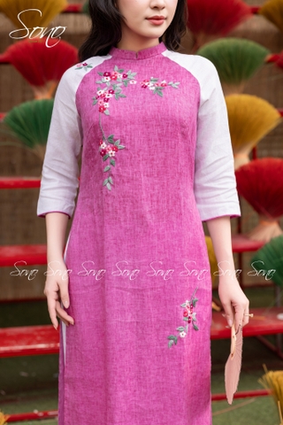 SONO - Áo dài hồng loang thêu hoa nhí phối tay trắng