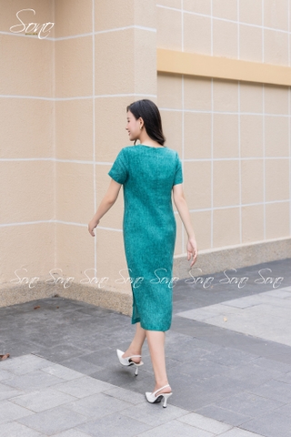 SONO - Đầm linen loang nút gỗ thêu hoa
