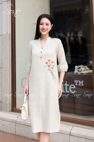 SONO - Đầm linen tay lồng đèn nhánh hoa