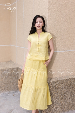 SONO - Áo linen cổ tàu đính nút gỗ