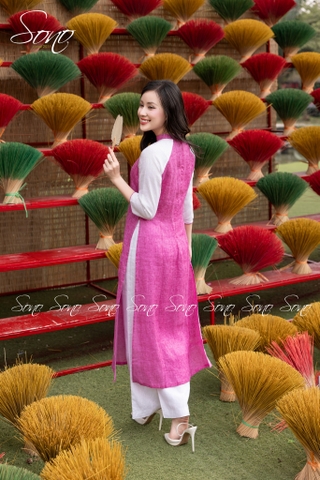 SONO - Áo dài hồng loang thêu hoa nhí phối tay trắng