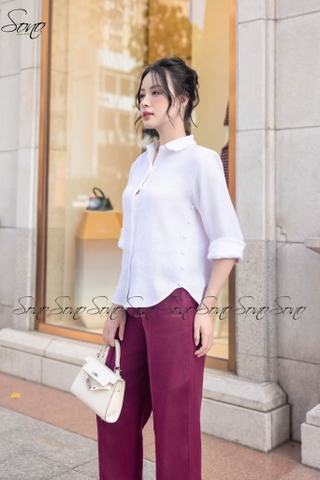 SONO - Áo sơ mi dài tay linen nút bọc 2 bên