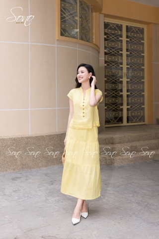SONO - Áo linen cổ tàu đính nút gỗ
