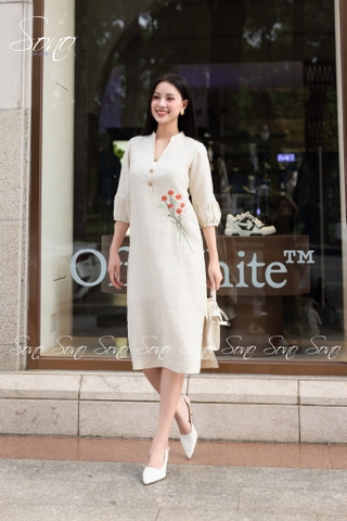 SONO - Đầm linen tay lồng đèn nhánh hoa
