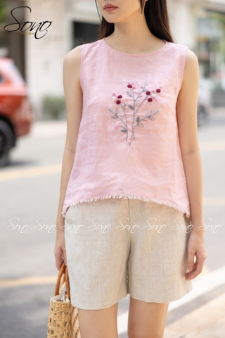 SONO - Áo linen sát nách thêu hoa tua rua