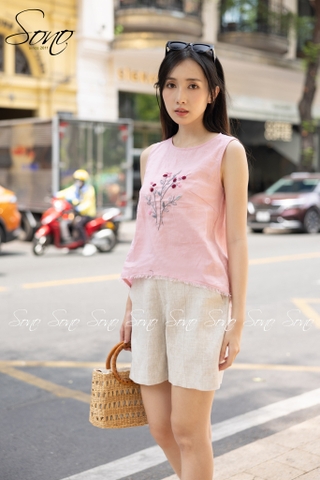 SONO - Áo linen sát nách thêu hoa tua rua