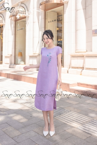 SONO - Đầm linen tay nhíu thêu hoa