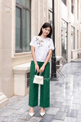 SONO - Áo linen đính nút gỗ thêu hoa