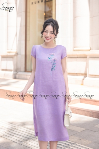 SONO - Đầm linen tay nhíu thêu hoa