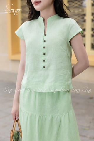 SONO - Áo linen cổ tàu đính nút gỗ
