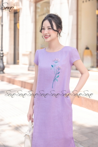 SONO - Đầm linen tay nhíu thêu hoa