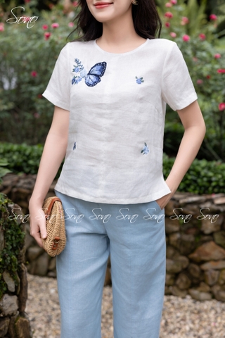 SONO - Áo linen thêu cánh bướm