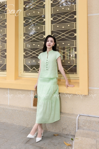 SONO - Áo linen cổ tàu đính nút gỗ