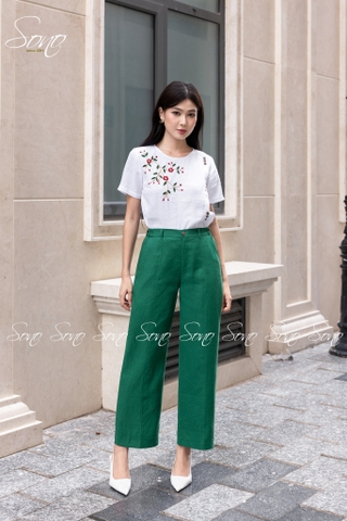 SONO - Áo linen đính nút gỗ thêu hoa
