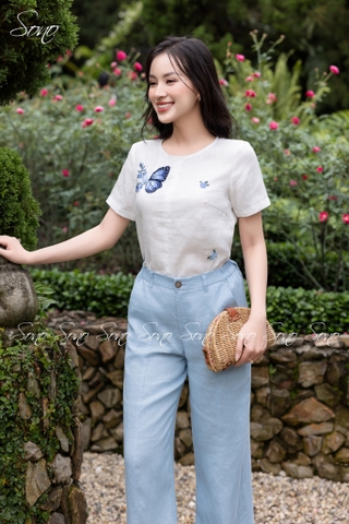 SONO - Áo linen thêu cánh bướm