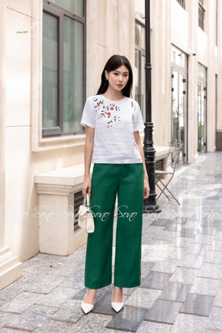 SONO - Áo linen đính nút gỗ thêu hoa