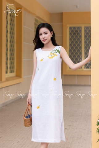 SONO - Đầm linen sát nách thêu nhánh hoa vàng