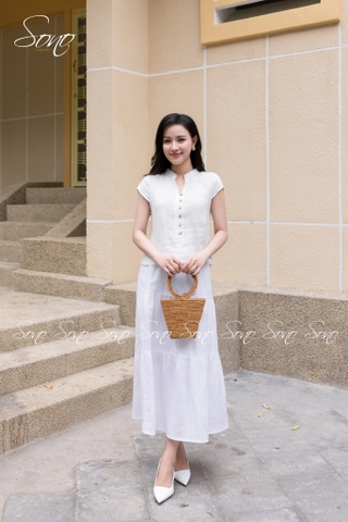 SONO - Áo linen cổ tàu đính nút gỗ
