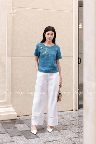 SONO - Áo linen đính nút gỗ thêu hoa