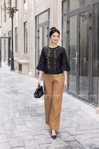 SONO - Áo linen tay lỡ thêu hoa dây leo