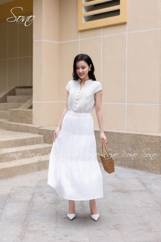 SONO - Áo linen cổ tàu đính nút gỗ
