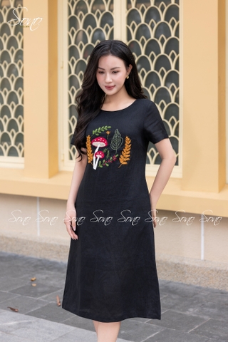 SONO - Đầm linen có tay thêu cây nấm
