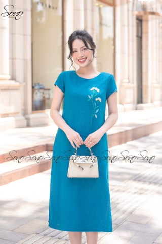 SONO - Đầm linen tay nhíu thêu hoa