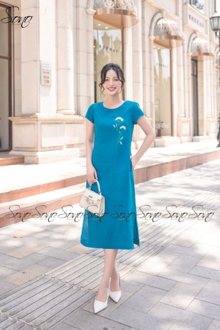 SONO - Đầm linen tay nhíu thêu hoa